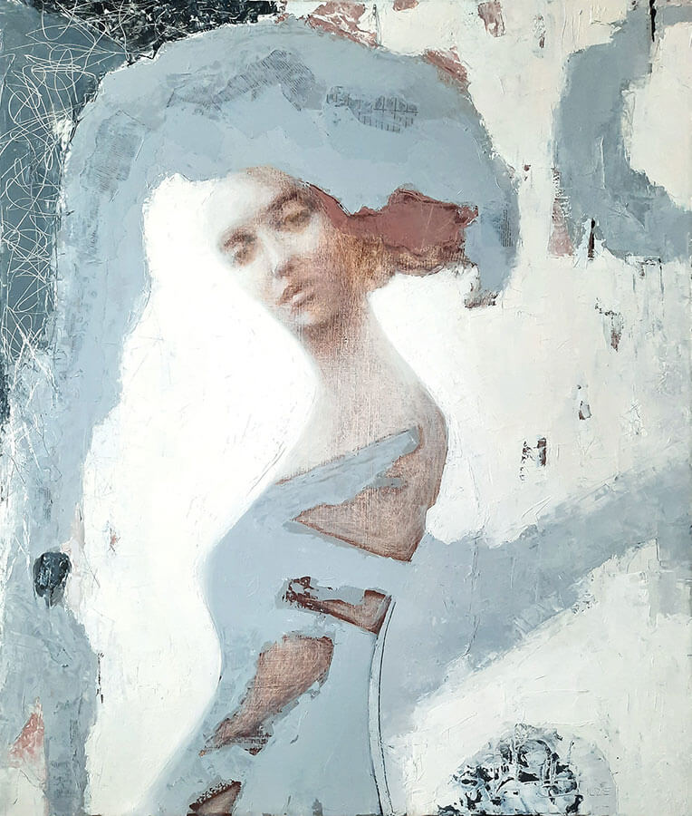painting of abstract figure of a girl on grey abstract background