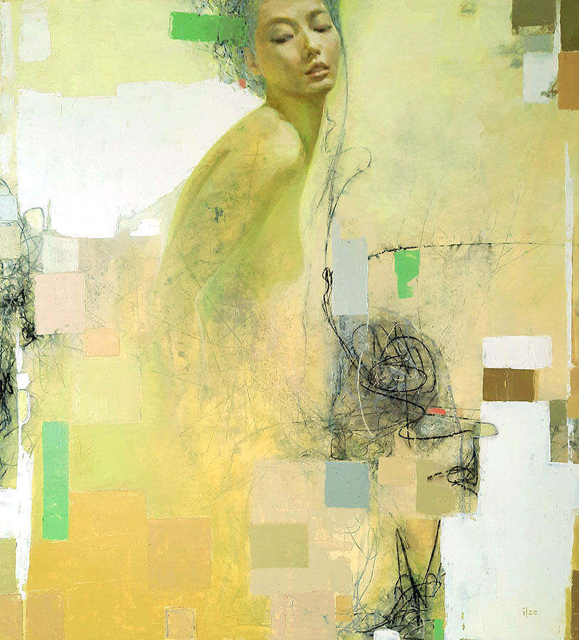 painting of a naked girl on green and yellow abstract background