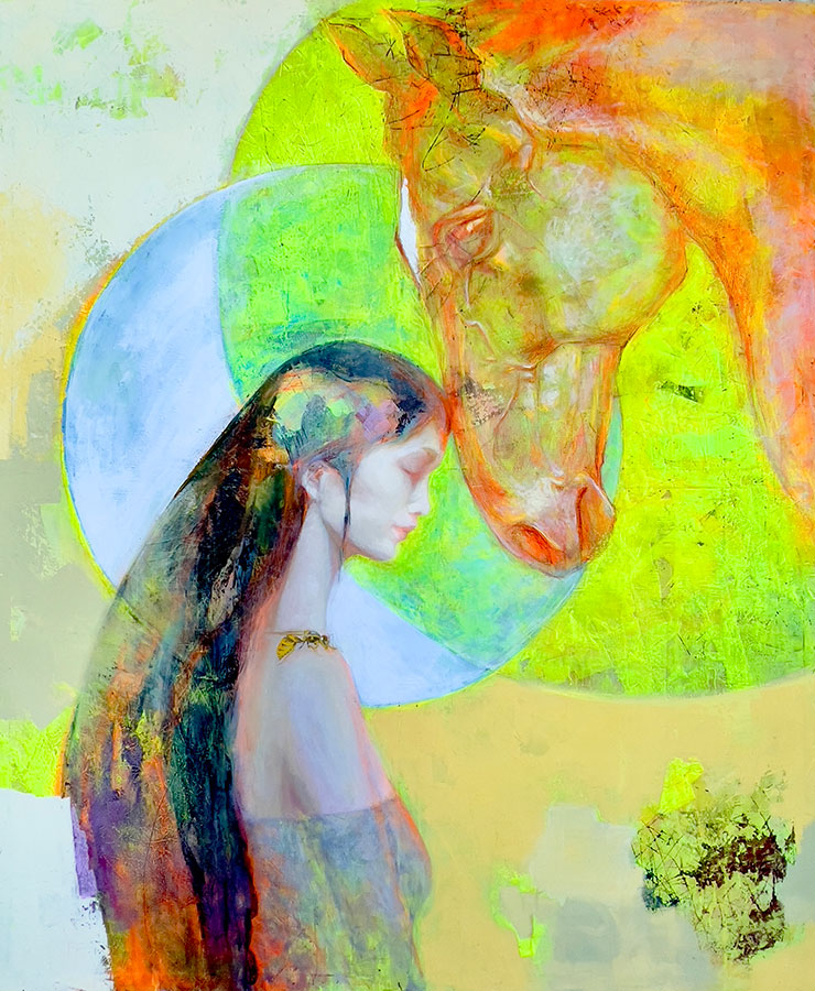 painting of a portrait of girl and horse on abstract background