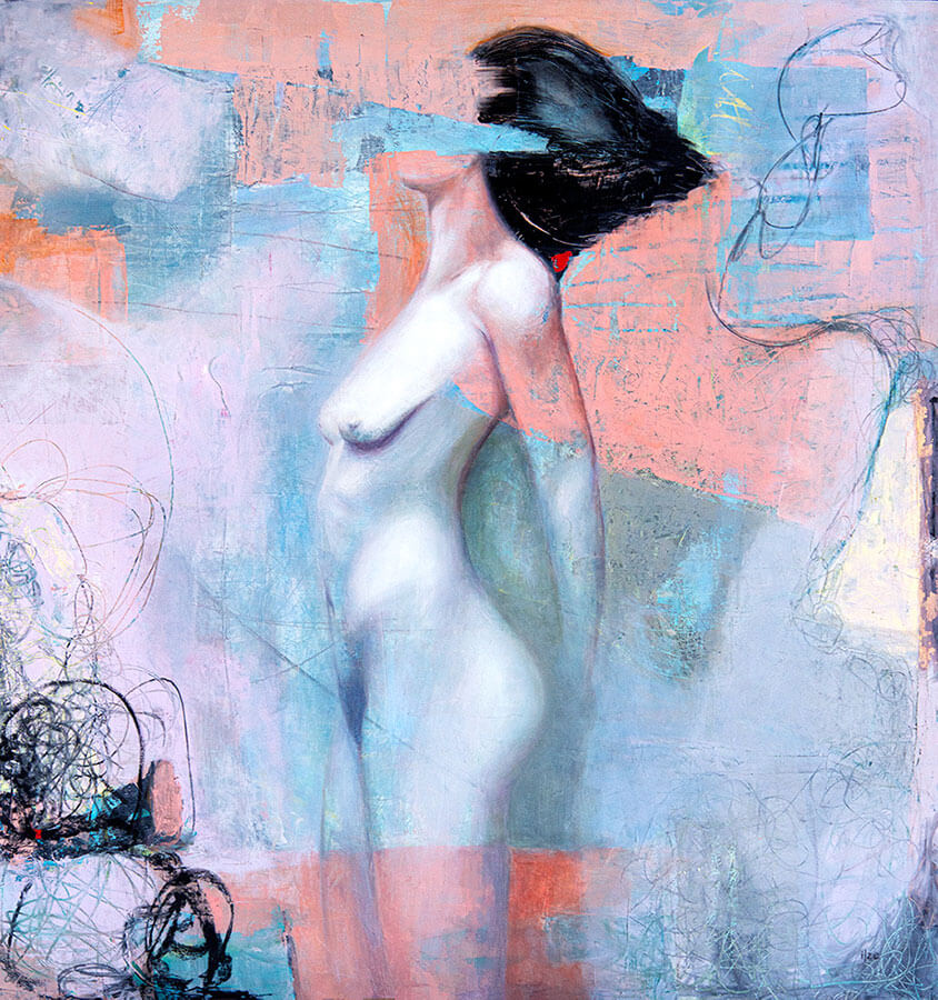 painting of a naked girl standing, abstract background